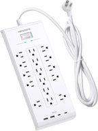 HANYCONY Surge Protector Power Strip 10 Ft, 16 Outlets 4 USB Ports(2 USB C), Flat Plug Heavy Duty Extension Cord, 2700 Joules, Wall Mount for Home Office, ETL Listed, White