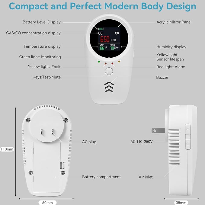 5-in-1 Carbon Monoxide Detectors,Combustible Gas Detector,Plug-in & Built-in Backup Battery,Monitoring CO,Natural Gas,Temperature and Humidity,Clear LCD Screen Sound Light Dual Alarm Detector