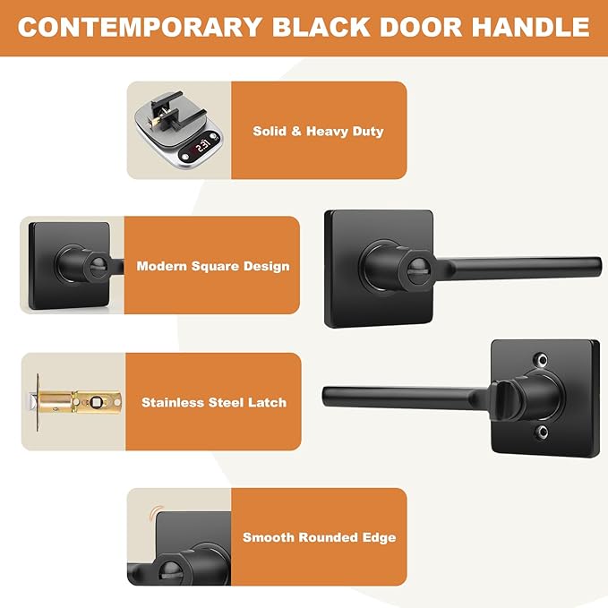 Probrico Privacy Black Door Handle Interior Lockset Heavy Duty Square Door Lever for Bedroom or Bathroom Reversible Keyless Slim Handleset Door Knob 5 Pack