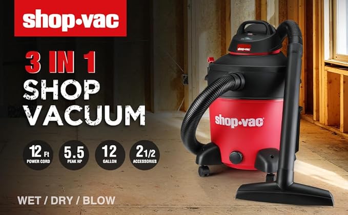 Shop-Vac 5983089 12 Gallon 5.5 Peak HP Wet/Dry Vacuum, 2.5 Inch Diameter x 8 Foot Hose, 12 Foot Cord, Ideal for Jobsite, Garage & Workshop