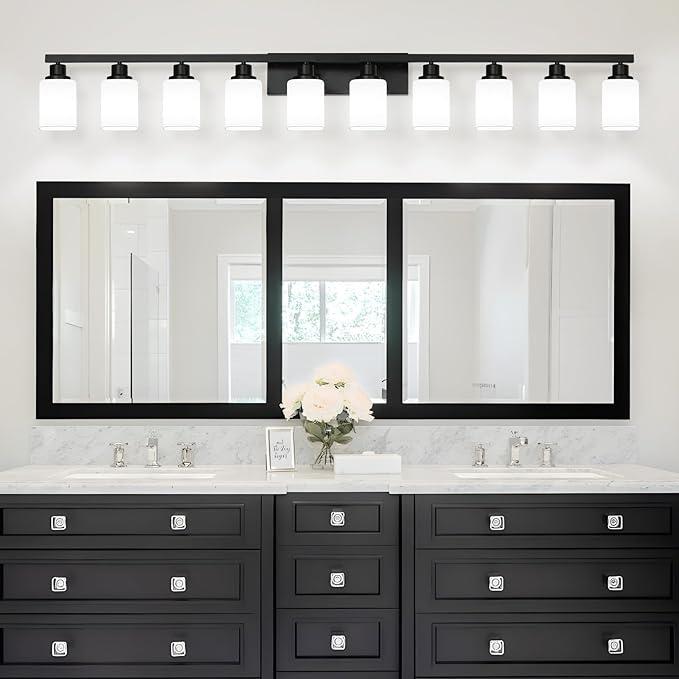 10-Light Bathroom Vanity Light,Modern Matte Black Bathroom Light Fixtures with Square Frosted Glass,64.5in Wall Sconces Over Mirror Restroom,Living Room Hallway E26