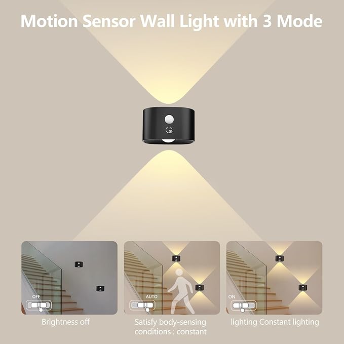 UP&Down Light Source Wall Sconces with Motion Sensor, Cordless LED Wall Night Lights 360°Rotate & Rechargeable Battery Operated, 3 Brightness, Indoor Motion Detection Wall Lamps for Pictures Corridor