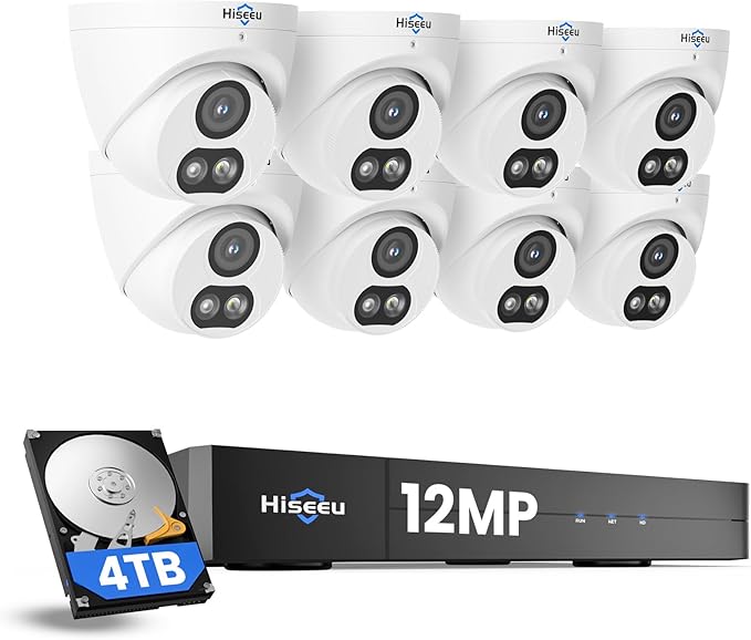[12MP Ultra HD] Hiseeu 12MP PoE Security Camera System, 8 Pcs 12 MP Security Cameras, 121°Wide View, 2 Way Audio, Color Night Vision, 8 Port 16 Ch PoE NVR, 4TB HDD for Home Surveillance Outdoor&Indoor
