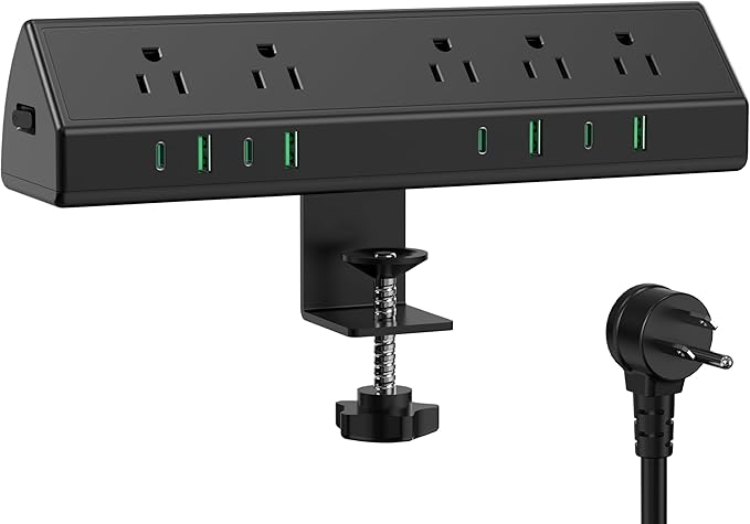 45W Fast Charging Station,Desk Clamp Power Strip,4 PD USB-C Ports,5 AC Outlets,Surge Protector Power Strip, 14AWG Heavy Duty Cord, Fits 1.9" Tabletop Edge (Black, 20 FT Cable)