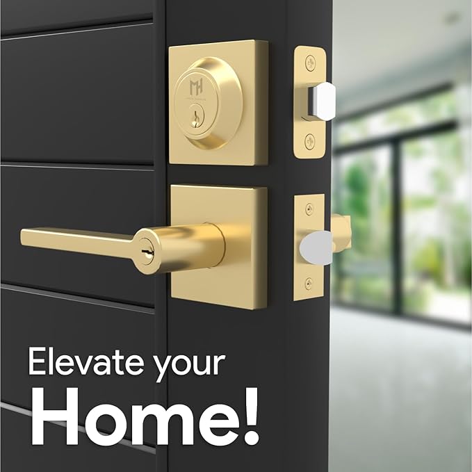 Mega Handles Prime Entrance Combo, Entry Lever Door Handle and Single Cylinder Deadbolt Lock and Key Combo Pack, Heavy Duty Square Locking Door Levers Set for Left or Right-Handed Doors - Satin Brass