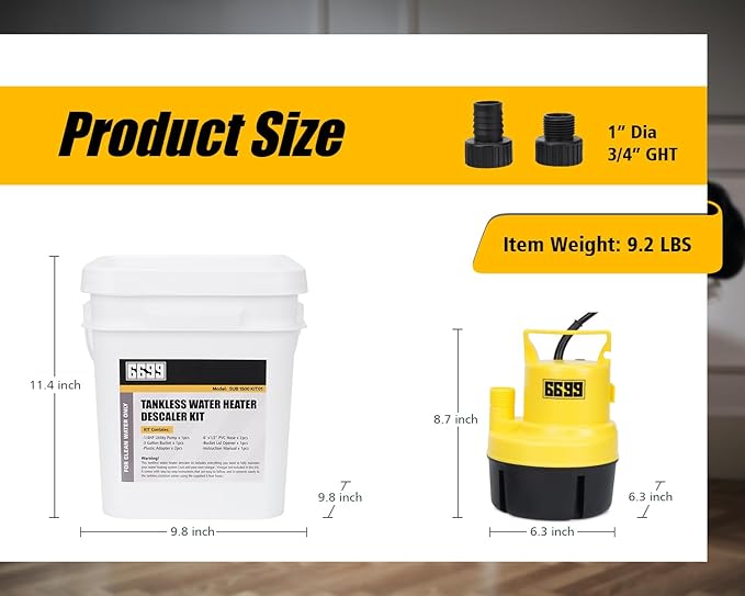 Tankless Water Heater Flushing Kit Includes 1/4HP Submersible Utility Pump with Two Plastic Adapters & 3 Gallons Pail with Bucket Lid Opener & Two 1/2” X 6’ PVC Hoses with Washers Easy to Clean