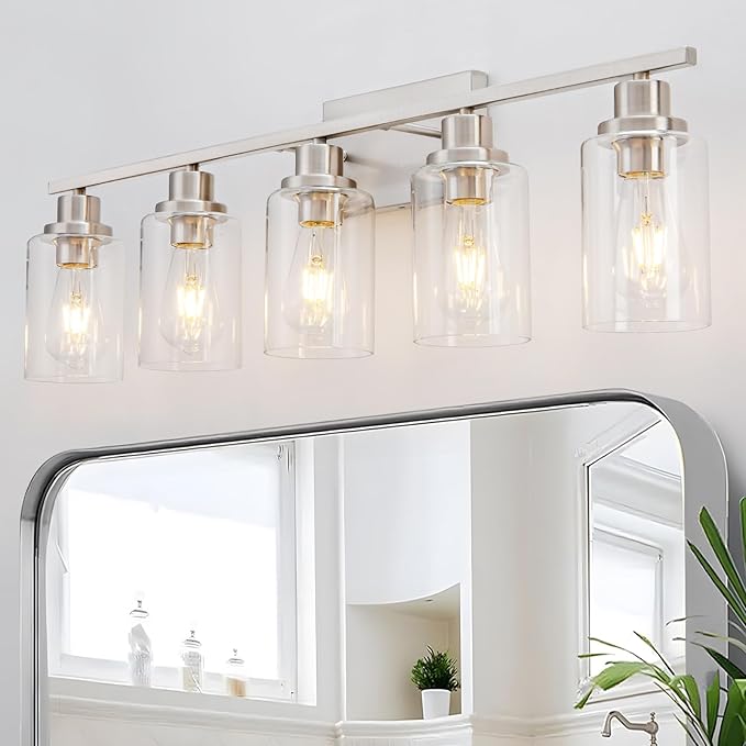 5 Light Bathroom Light Fixtures Brushed Nickel Vanity Light Over Mirror Modern Farmhouse Wall Lighting Sconces Wall Lamp for Bathroom, Bedroom, Living Room E26 Socket with Glass Shade