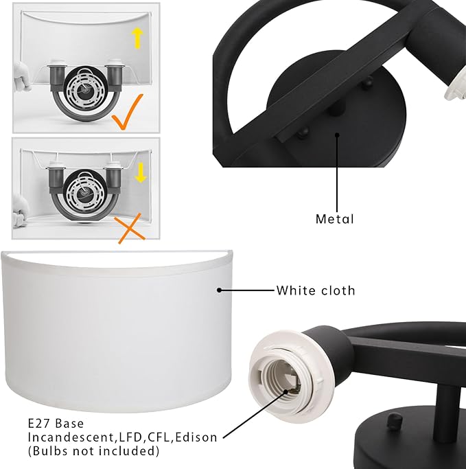 Industrial 2-Lights Wall Sconce Fixture with White Fabric Shade, Double Arm Wall Light Lamps Decor for Hallway Bedroom Living Room Bathroom Stairway