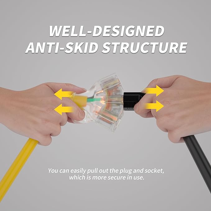 6 FT 12/3 Gauge Outdoor Extension Cord with Multiple Outlets Light Indicator, Flexible 3 Outlet Weatherproof Heavy Duty Extension Cord Waterproof Yellow, 15A 1875W 12AWG SJTW, ETL Listed