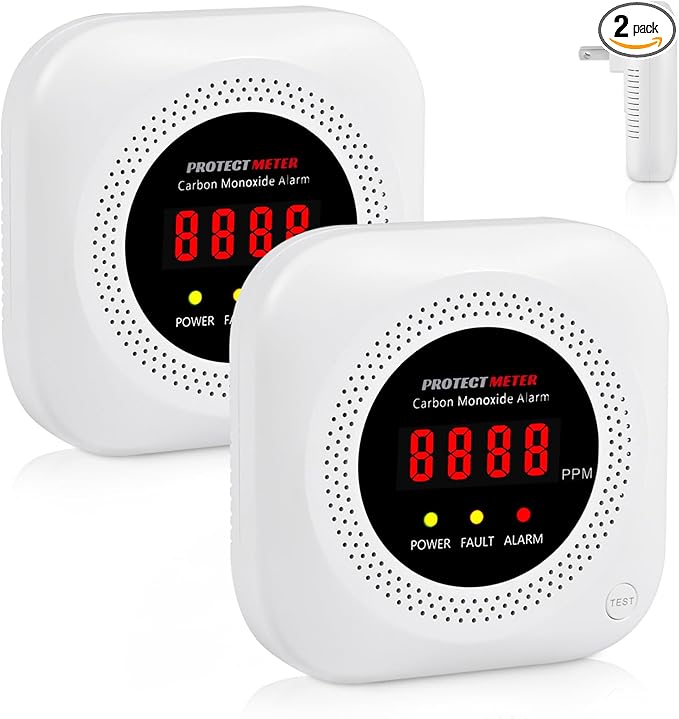 Carbon Monoxide Detectors, 2 Pack Protectmeter Portable Carbon Monoxide detectors Plug in Wall for Travel, Portable Carbon Monoxide Detector for Home/Hotel Room/RV with AC Socket with Digital LCD