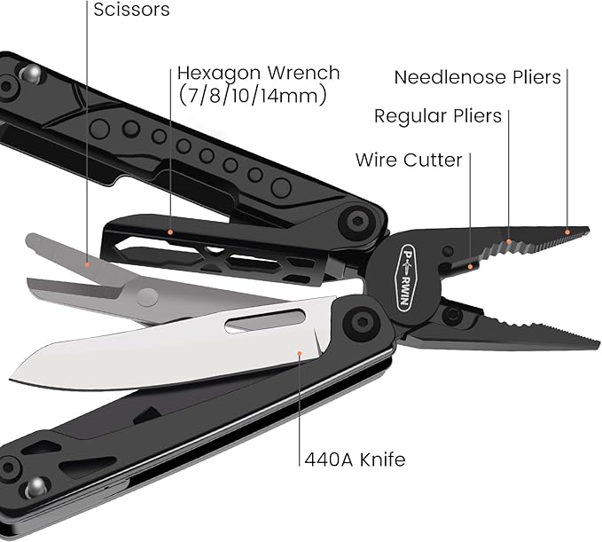 Multitool, 20-in-1 Stainless Steel Multi Tools Pliers with Nylon Sheath, Safe Locking, Professional Multi-Tool for Survival, Camping and Hunting, Black