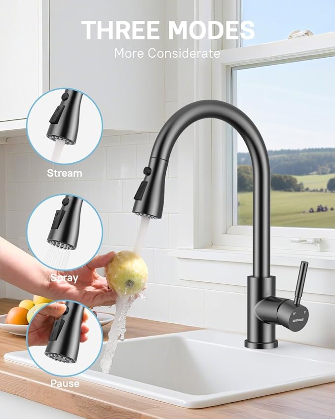 WEWE Kitchen Faucets with Pull Down Sprayer, Stainless Steel Single Handle 1 Hole for Family Kitchen Commercial Camper Laundry Rv Bar, Matte Gray