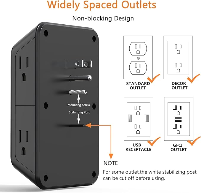 USB Wall Charger Power Strip Surge Protector with 4 USB Ports (2 USB C) Plug Extension Multiple Outlets Plug Extension Multi Outlet Plug in Adapter Spaced Outlets for Home Office Travel,White (Black)
