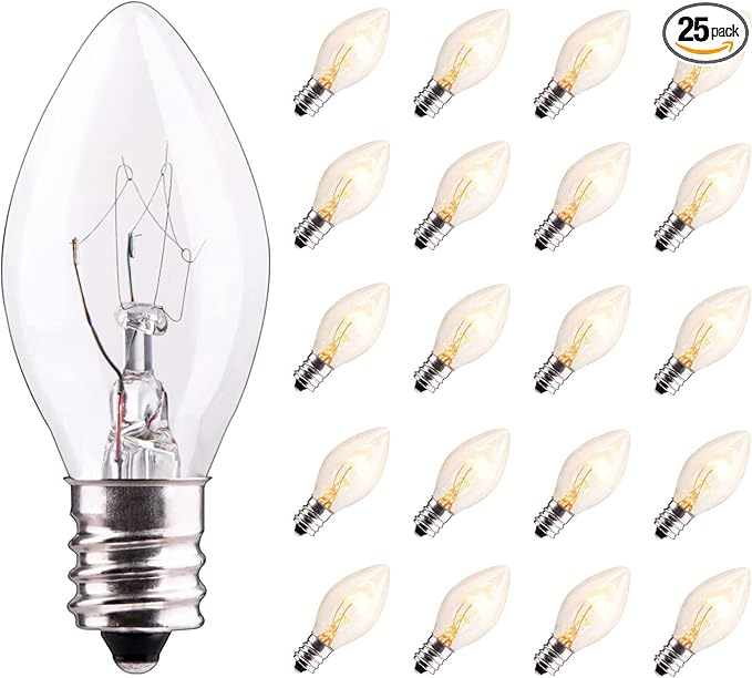 25 Pack C7 Clear Replacement Bulbs, C7 Outdoor Candle Light Bulbs, Night Candle Light for Indoor Outdoor Patio Bistro Party Decor Christmas String Light, E12 Candelabra Base, 5W