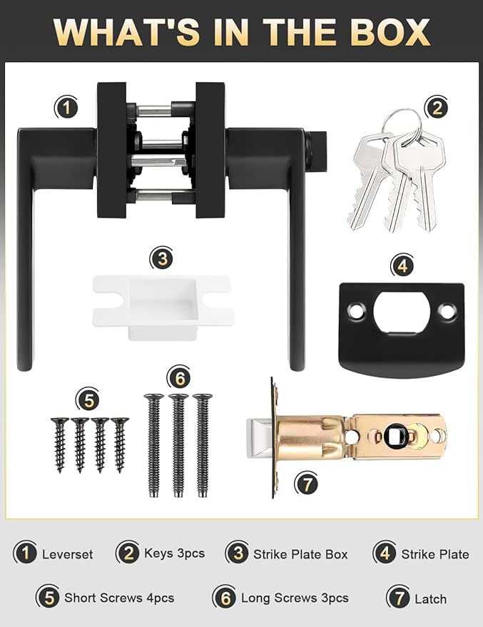 2 Pack Square Entry Door Levers with Lock and Key, Matte Black Entrance Door Handles, for Exterior or Interior Doors, Bedroom, Office, Hotel (Each with 3 Keys)