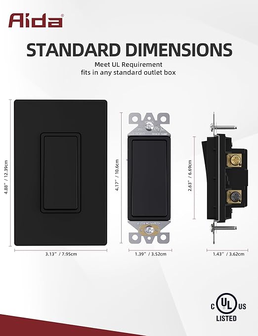 Aida Matte Black Double Light Switch, Black 3 Way Light Switch Decorative Square, 15Amp, 120/277 Volt, Rocker Paddle, Self-Grounding, Screwless Wall Plate, UL Listed (20 Pack)
