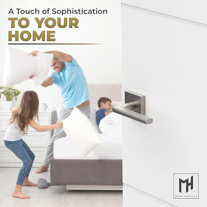 Mega Handles Prime Privacy Door Handle - 3 Pack Reversible Brushed Nickel Door Handles, Heavy Duty Bed & Bath Door Handles with Privacy Door Lock, Fits All Standard Doors - Satin Nickel