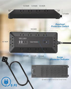 16-in-1 Surge Protector Power Strip with Multi-Function Stand, 6 Outlets with 2 USB-C (20W PD) and 2 USB-A (18W) Ports, 6FT Extension Cord for Home Office Desktop and Dorm (Black)