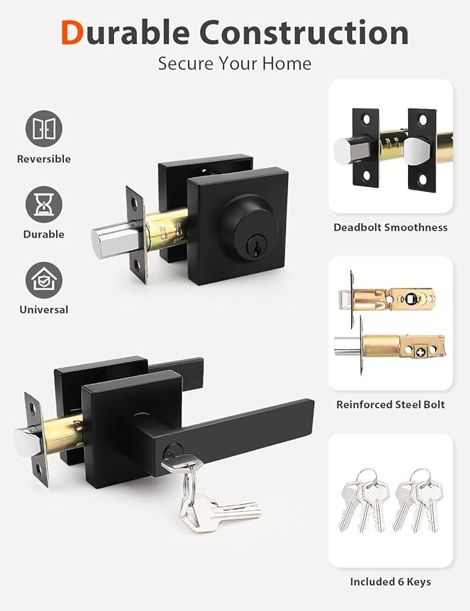 6 Pack Square Keyed Alike Front/Exterior Door Levers with Single Cylinder Deadbolt, Flat Black Entry Door Knob Lock Sets with Deadbolt Combination Sets, for Entrance/Front and Office Doors