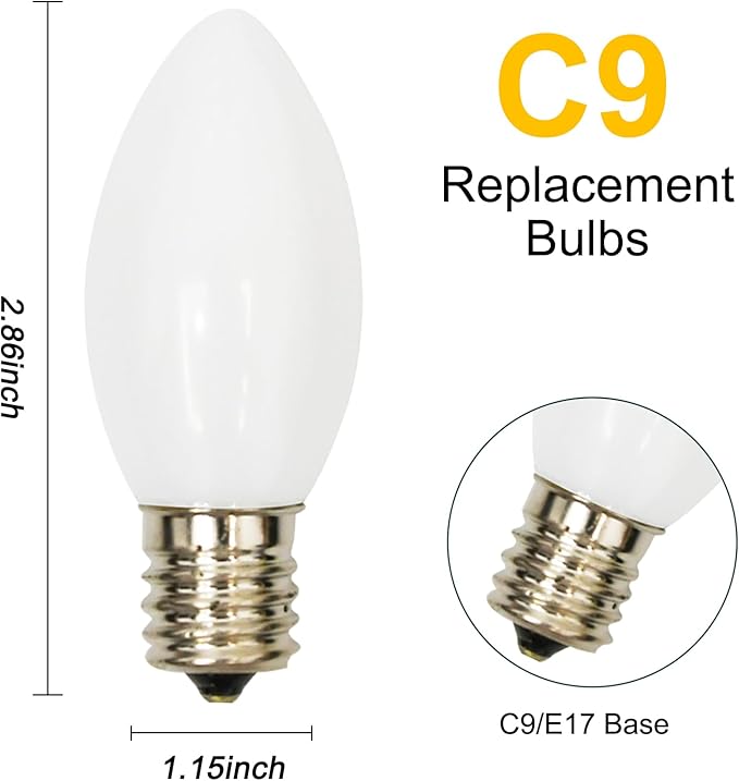 GOOTHY 25 Pack C9 White Replacement Light Bulbs for Christmas Outdoor Patio String Lights, 7 Watt Night Light Bulbs, E17/C9 Intermediate Base Incandescent Chandelier Bulbs- Ceramic White