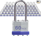 Laminated Steel Padlocks, Keyed Alike - 60 Pack, 1-9/16" Shackle, Brass Cylinder, Metallic, For Hasp Latch, Sheds, Fences, Storage Locker, School, Gym