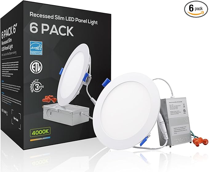 TORCHSTAR 6 Inch Slim LED Recessed Lighting with Junction Box, CRI90 Aluminum Dimmable 12W Ultra-Thin Recessed Light, 4000K Cool White, 1100LM Basic Series LED Downlight, ETL & ES & FCC, Pack of 6