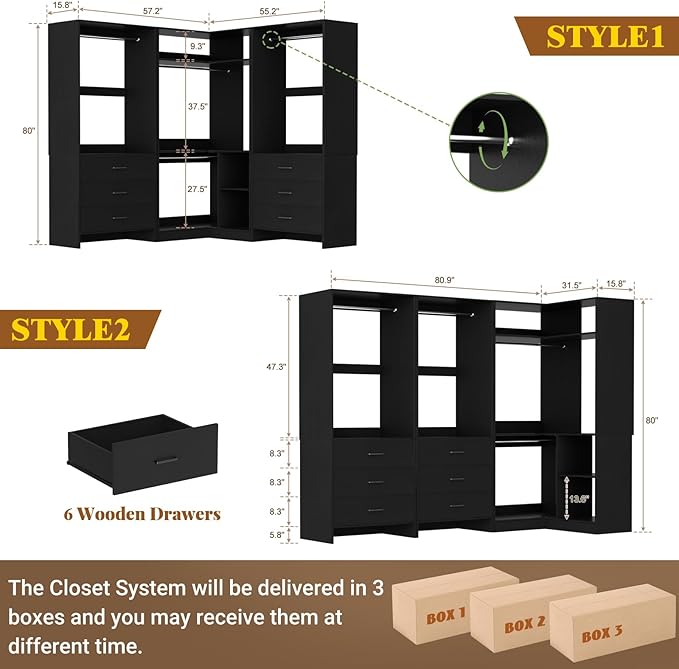 Aheaplus Closet System with 6 Drawers, 4 Hanging Rods & Corner Tower, Corner Closet System with Hanging,80.9" L-Shaped Walk-In Wardrobe Organizer, 2000+ lbs Capacity, Set of 3, Black