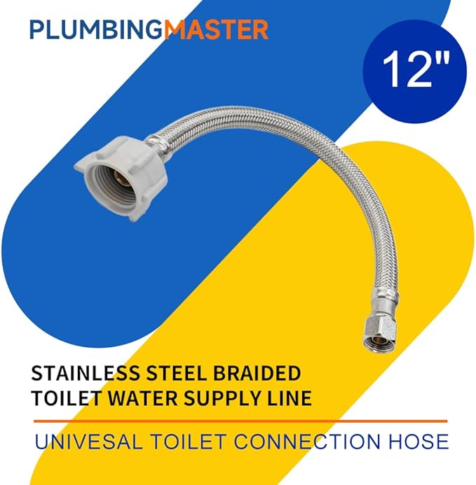 (12pcs 12 inch) PLUMBINGMASTER Toilet Water Supply Line,3/8" Comp x 7/8" BC Braided Stainless Steel Toilet Supply Line,Toilet Connector Hose with Anti-Leaking Brass Nut