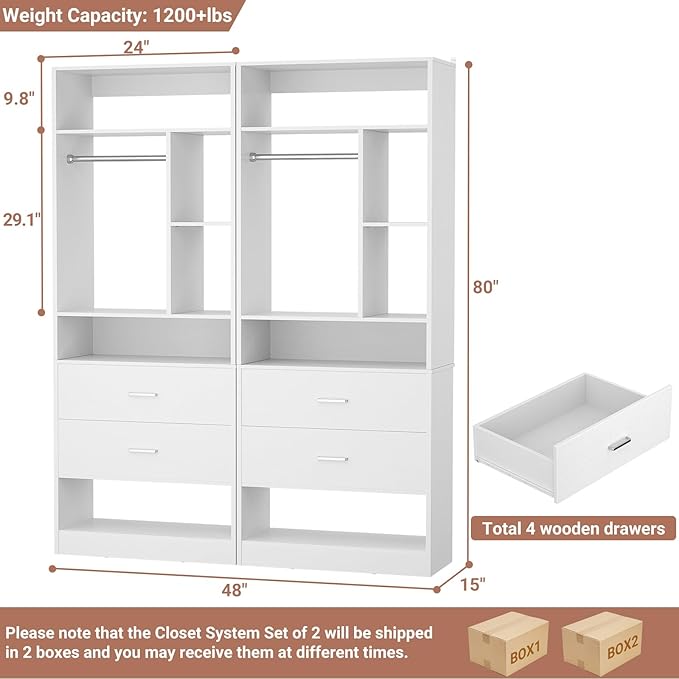 4FT Closet System with 4 Wood Drawers, 48" Closet Organizer System with 10+ Small Shelves & 2 Hanging Rods, Walk-in/Nursery Closet Systems, Set of 2, White (48" L x 15" W x 80" H)