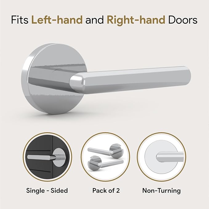 Mega Handles Ronn Dummy Lever Door Handle Set for Closet or French Doors, Single Side, Non-Turning Reversible Door Levers, Fits All Standard Door Sizes, Screws Included - Polished Chrome (2 Pack)