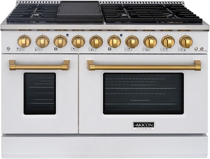Akicon 48 Inch Freestanding Double Rapid Convection Gas Range - 6.7 cu. ft. Oven - 8 Sealed Burners & Griddle, Heavy Duty Cast Iron Grates (White & Gold)