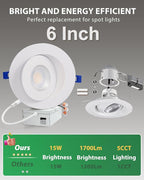 zouzai 6 inch 5CCT Gimbal Led Recessed Lights, 360°+90° Adjustable Directional Recessed Lighting, 2700K/3000K/3500K/4000K/5000K Dimmable Retrofit Eyeball Can Lights with Jbox, ETL(White, 6 Pack)