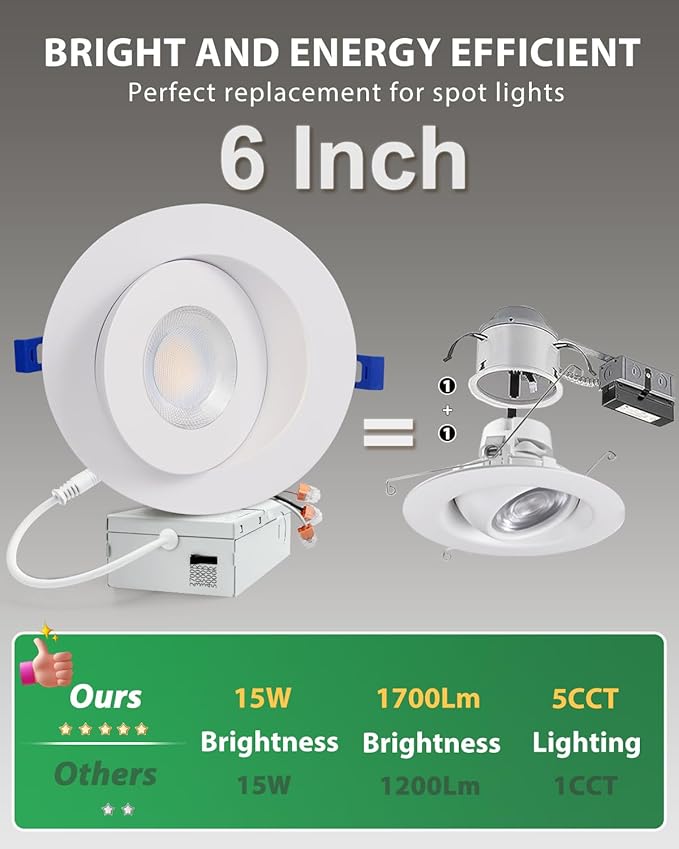 zouzai 6 inch 5CCT Gimbal Led Recessed Lights, 360°+90° Adjustable Directional Recessed Lighting, 2700K/3000K/3500K/4000K/5000K Dimmable Retrofit Eyeball Can Lights with Jbox, ETL(White, 6 Pack)