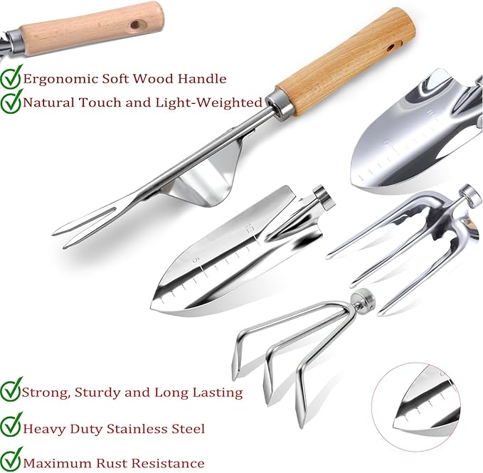 Garden Tool Set 11-Piece Heavy Duty Gardening Hand Tools - Rust-Resistant Stainless Steel with Durable Stylish Garden Tools Organizer Tote Bag | Ideal Gardening Gift for Women & Garden Enthusiasts