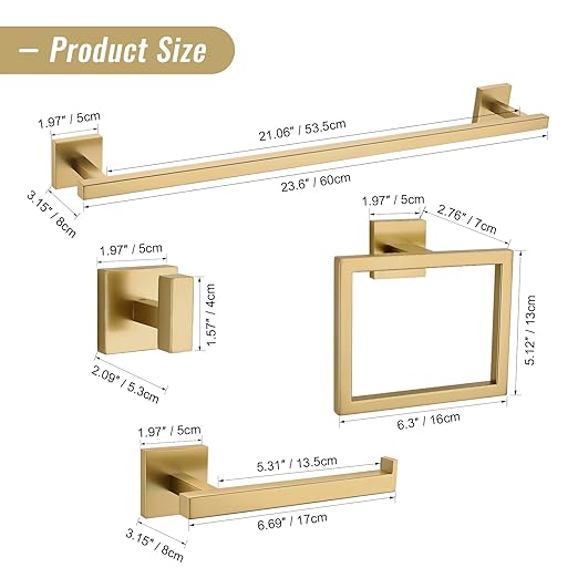 YACVCL Towel Bar Set, 5-Piece Brushed Gold Bathroom Hardware Set, Gold Bathroom Accessories Set, SUS304 Stainless Steel 23.6 Inch Towel Holder Towel Racks Set Wall Mounted