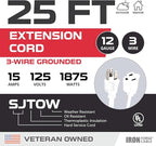 Iron Forge Cable 12 Gauge Outdoor Extension Cord 25 Ft, SJTOW 12/3 Heavy Duty White Extension Cord 3 Prong, Oil Resistant & Flame Retardant