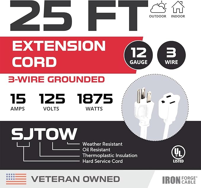 Iron Forge Cable 12 Gauge Outdoor Extension Cord 25 Ft, SJTOW 12/3 Heavy Duty White Extension Cord 3 Prong, Oil Resistant & Flame Retardant