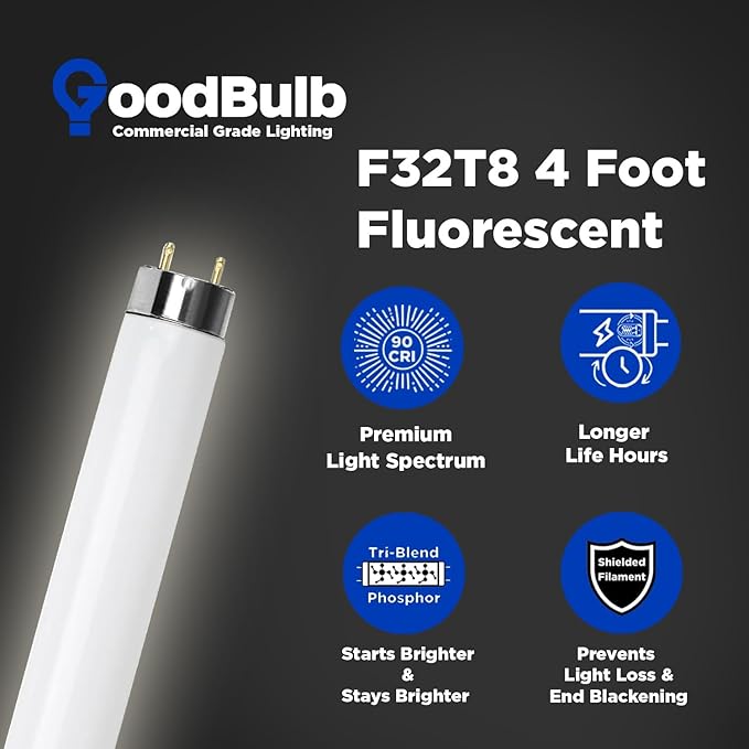 GoodBulb 32-Watt 48 Inch T8 Fluorescent Light Bulb 5000K Daylight White Light Color Medium Bi-Pin Base 3050 Lumens 86 CRI 24000 Life Hours Instant/Programmed Start (Pack of 25 Bulbs)