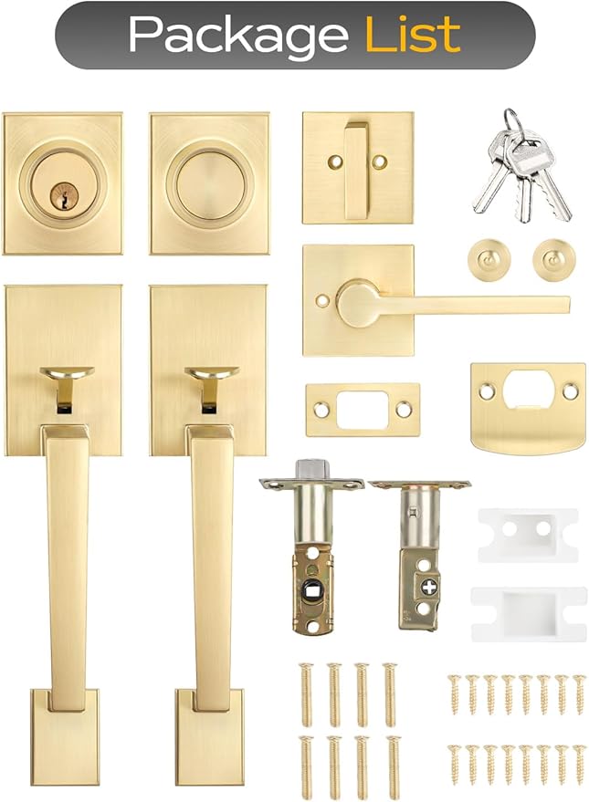 EHOMEWARE Double Front Door Handle Set, 1 Pack Satin Brass Square Door Lever, Exterior Door Knob & Deadbolt Combo, Door Lock Set for Front/Back/Office Doors, Heavy Duty Door Handle