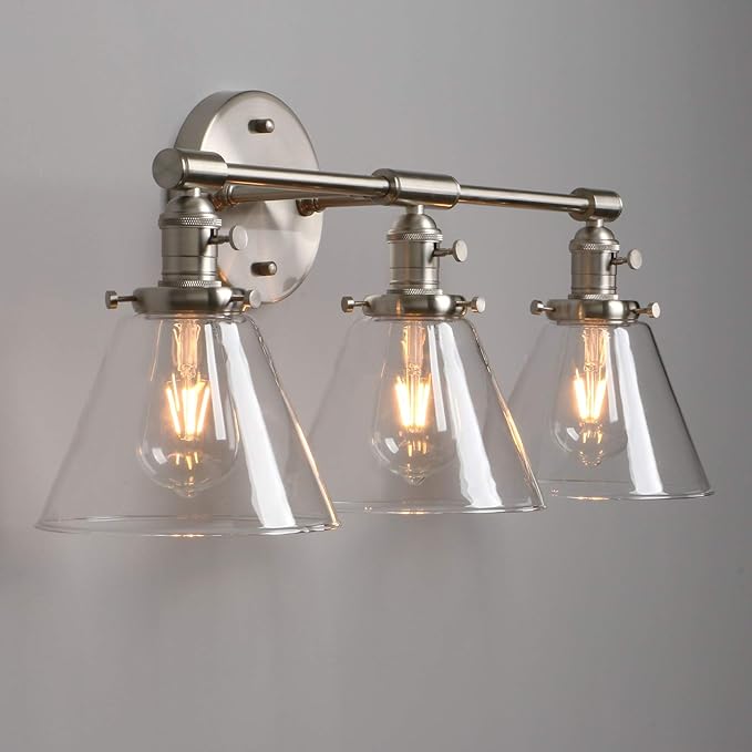 Phansthy 3-Light Wall Sconces Antique Brass Vanity Light, Industrial Wall Lamps with On Off Switch and Clear Glass Lampshade, Vintage Wall Lighting for Bathroom Living Room (Brushed, Cone Shade)