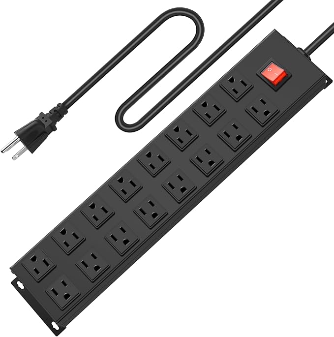 HHSOET Metal 16 Outlet Mountable Power Strip, Wall Mount Garage Workbench Socket, Gaming Table Surge Protector with 3 FT Power Cord.(Black)