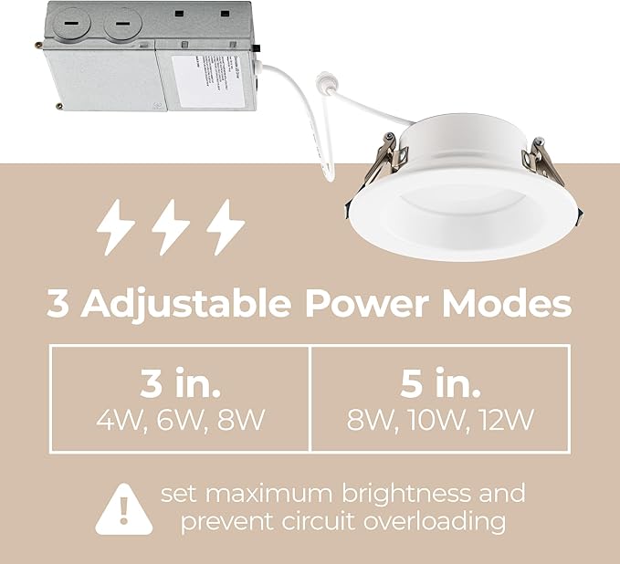 Builder Essential 5in 1,050 Lumens Round LED Recessed Light and Housing for Remodel or New Construction Regressed Trim 3-Power Modes 8W-10W-12W, 5-CCT 2700-3000-3500-4000-5000K in White (Pack of 6)