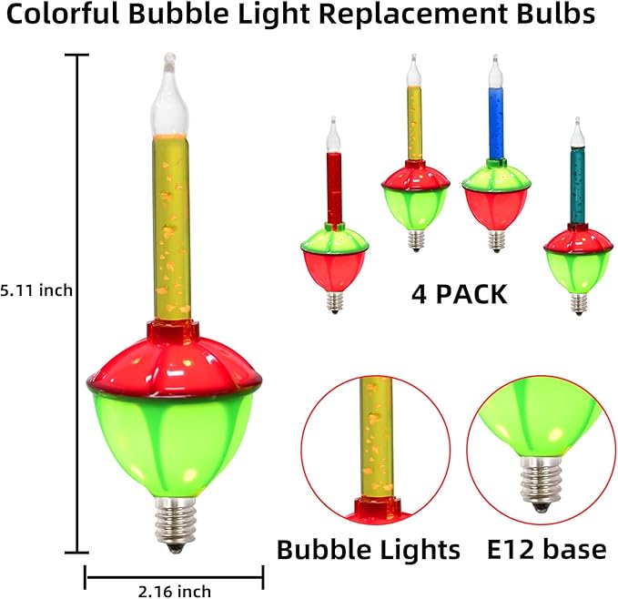 Christmas Bubble Replacement Bulbs, 4 Pack Vintage Multicolor Bubble Light Bulbs with Multicolor Liquid, Traditional Christmas Bubbles Light Bulbs for Christma Decorations, C7/E12 Base, 5 Watts