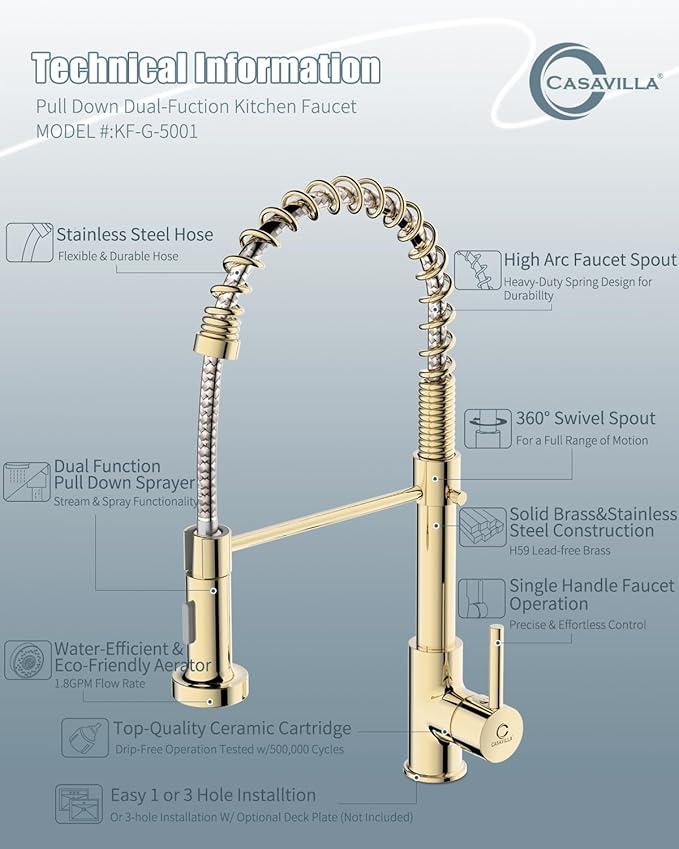 Kitchen Faucet, Commercial Kitchen Sink Faucets with Pull Down Sprayer, Stainless Steel Faucets for Kitchen Sinks, Dual Function Spray Head, Single Handle Spring Kitchen Faucets -Gold
