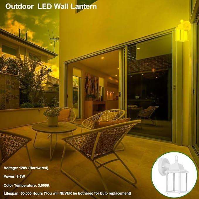 LIT-PaTH Outdoor LED Wall Lantern, Wall Sconce as Porch Light, 9.5W 800 Lumen, Aluminum Housing Plus Glass, 3000k-Matte White Finish, 2-Pack