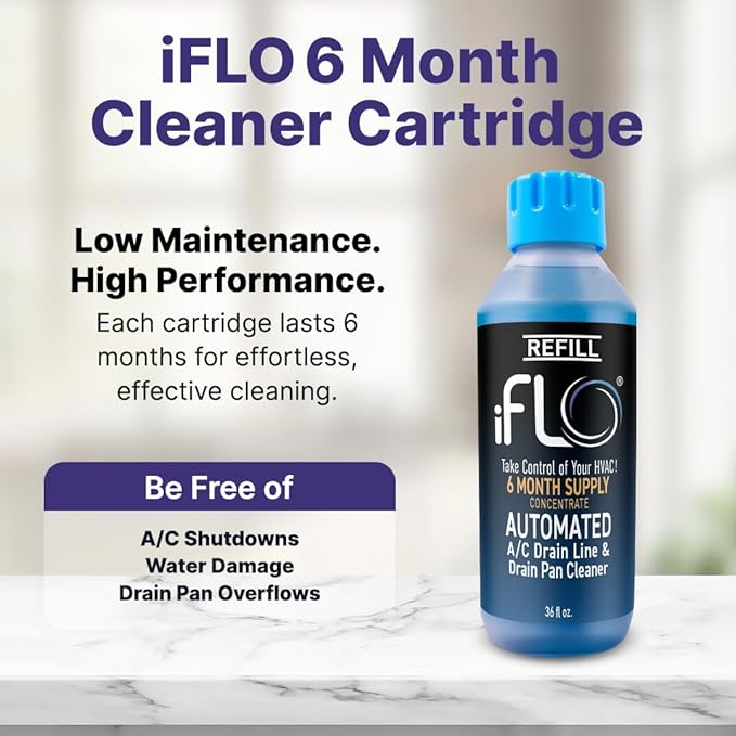 iFLO® Smart A/C Drain Line Cleaner and Drain Pan Cleaner Cartridge Concentrate, Fast-Acting, Long-Lasting HVAC System Solution for Tough Clogs & Buildup, 6-Month Supply per Bottle, 3 Pack of 36oz