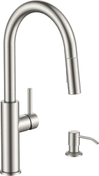 FORIOUS Kitchen Faucet with Soap Dispenser, Modern Brushed Nickel, Single Handle High Arc Stainless Steel Kitchen Sink Faucet with Pull Down Sprayer, 1 or 3 Hole Deck Mount for RV, Laundry, Outdoor