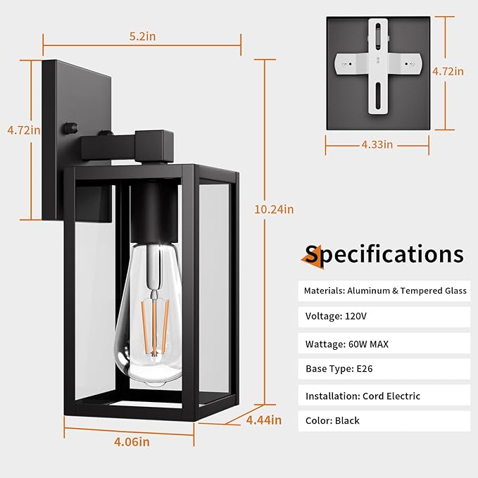 Outdoor Light Fixtures Wall Mount, Waterproof Front Porch Lights, Modern Exterior Lighting Fixtures with E26 Socket, Black Wall Sconces Lantern Lamp, Outside Lights for House, Garage, Patio (2 Pack