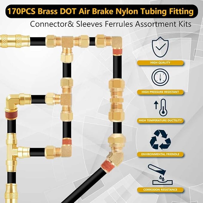 170Pcs DOT Air Brake Line Fittings & Brass Air Nylon Tube Compression Fittings Assortment Kits,1/4" 1/8" 3/8" 1/2" NPT Push To Connect Fittings Quick Connect Air Hose Fittings for Truck or Air System