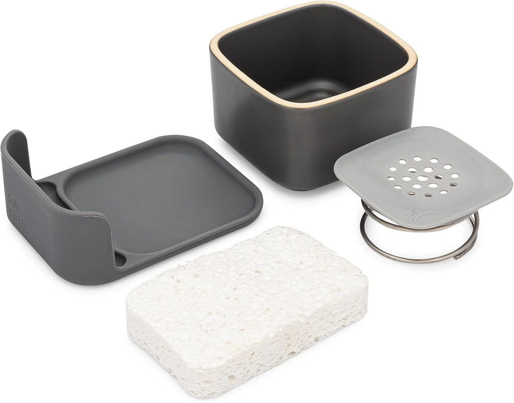 Full Circle Bubble Up Combo—Family Safe, Formaldehyde-Free-Gray Ceramic Soap Dish with Plant-Based Sponge & Bamboo Dish Brush-Versatile Kitchen Scrub Brush Set for Pots, Pans,Counter & Sink,Gray